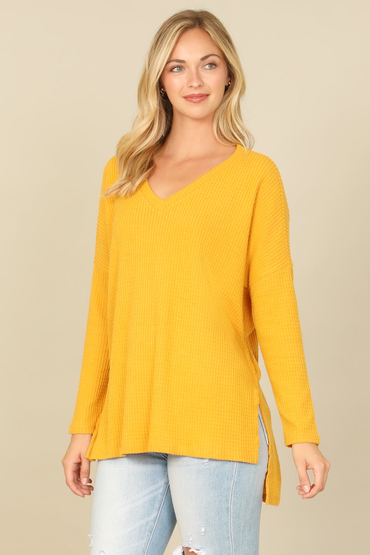 Brushed Waffle V-Neck Long Sleeve Side Slit Top