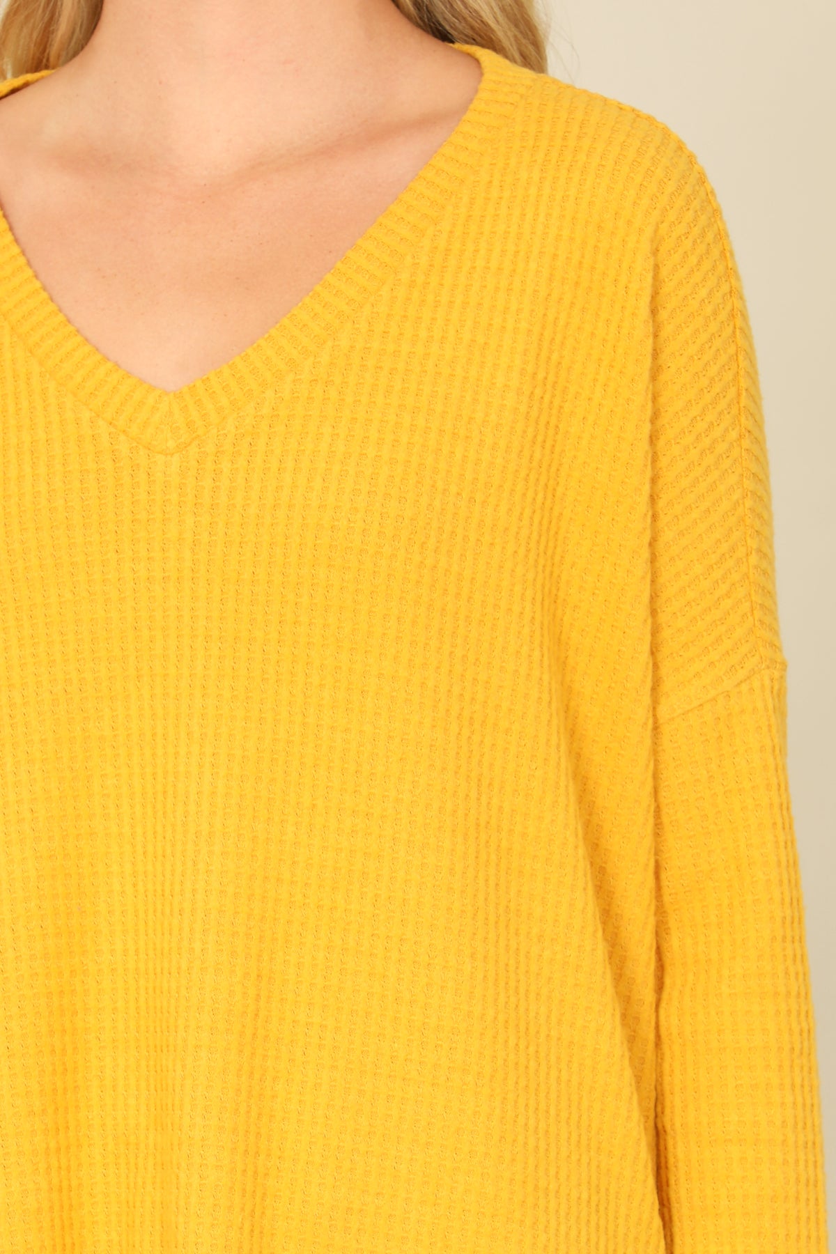 Brushed Waffle V-Neck Long Sleeve Side Slit Top