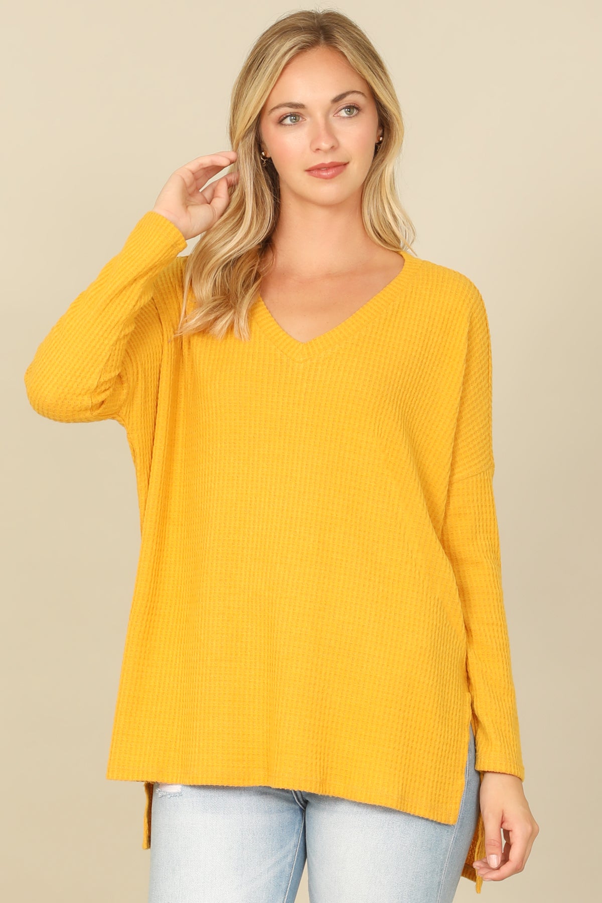 Brushed Waffle V-Neck Long Sleeve Side Slit Top