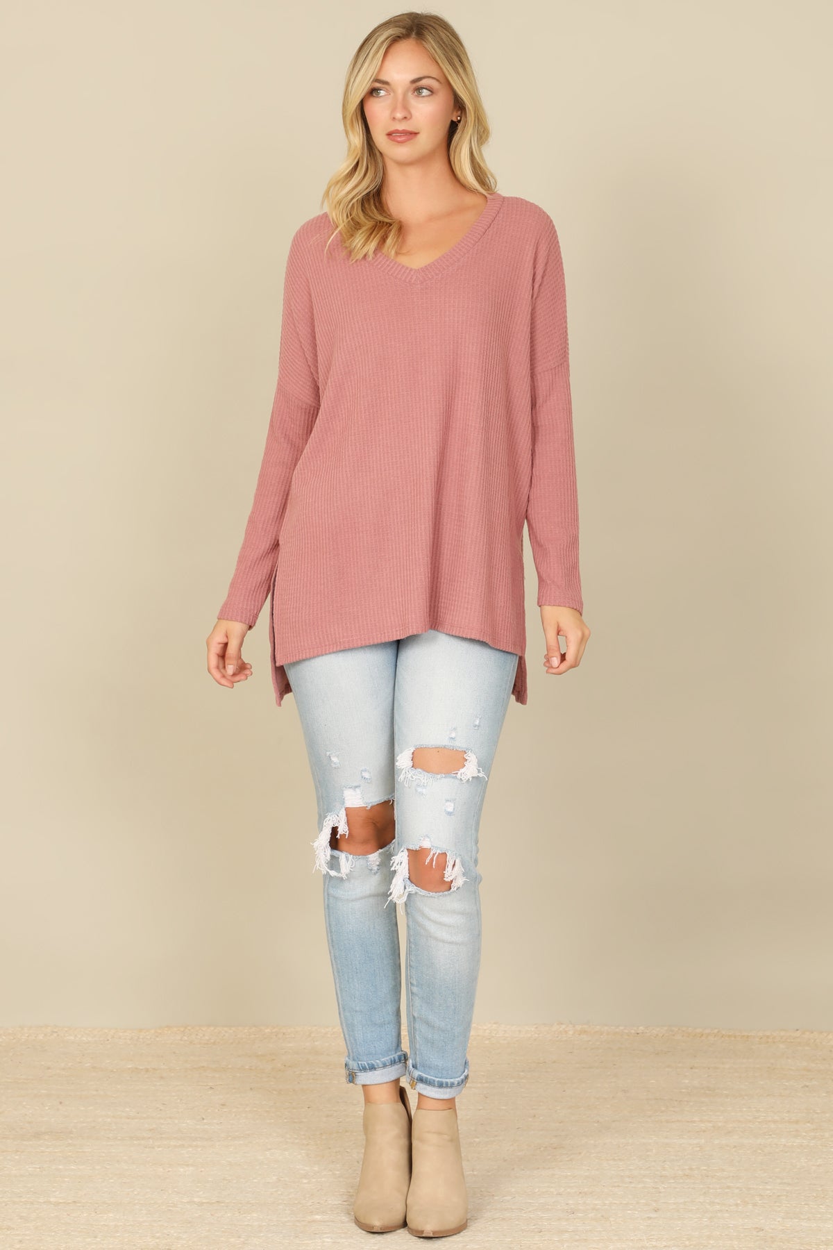 Brushed Waffle V-Neck Long Sleeve Side Slit Top