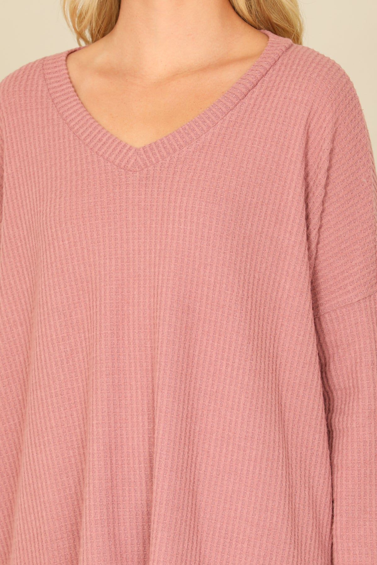 Brushed Waffle V-Neck Long Sleeve Side Slit Top