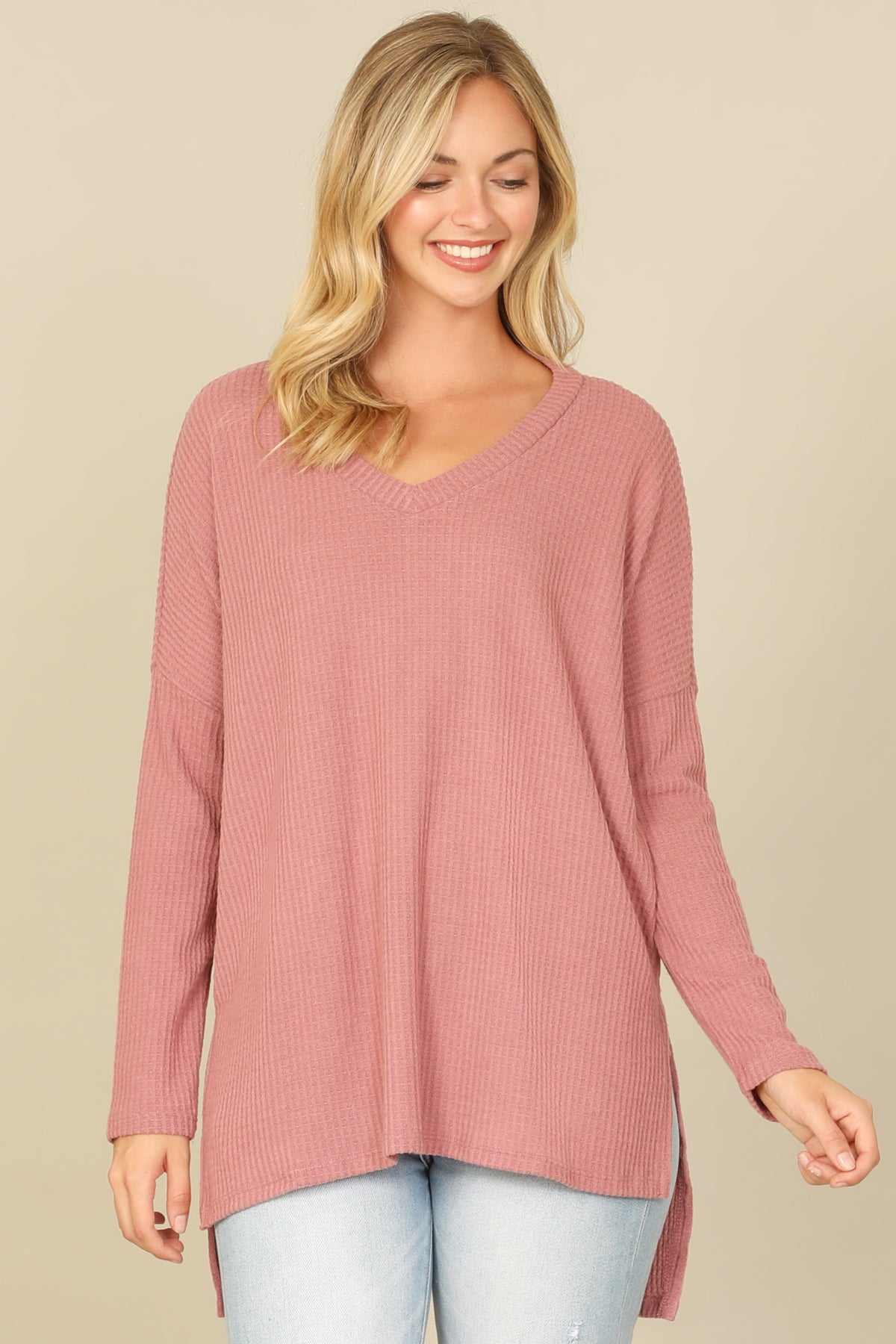Brushed Waffle V-Neck Long Sleeve Side Slit Top