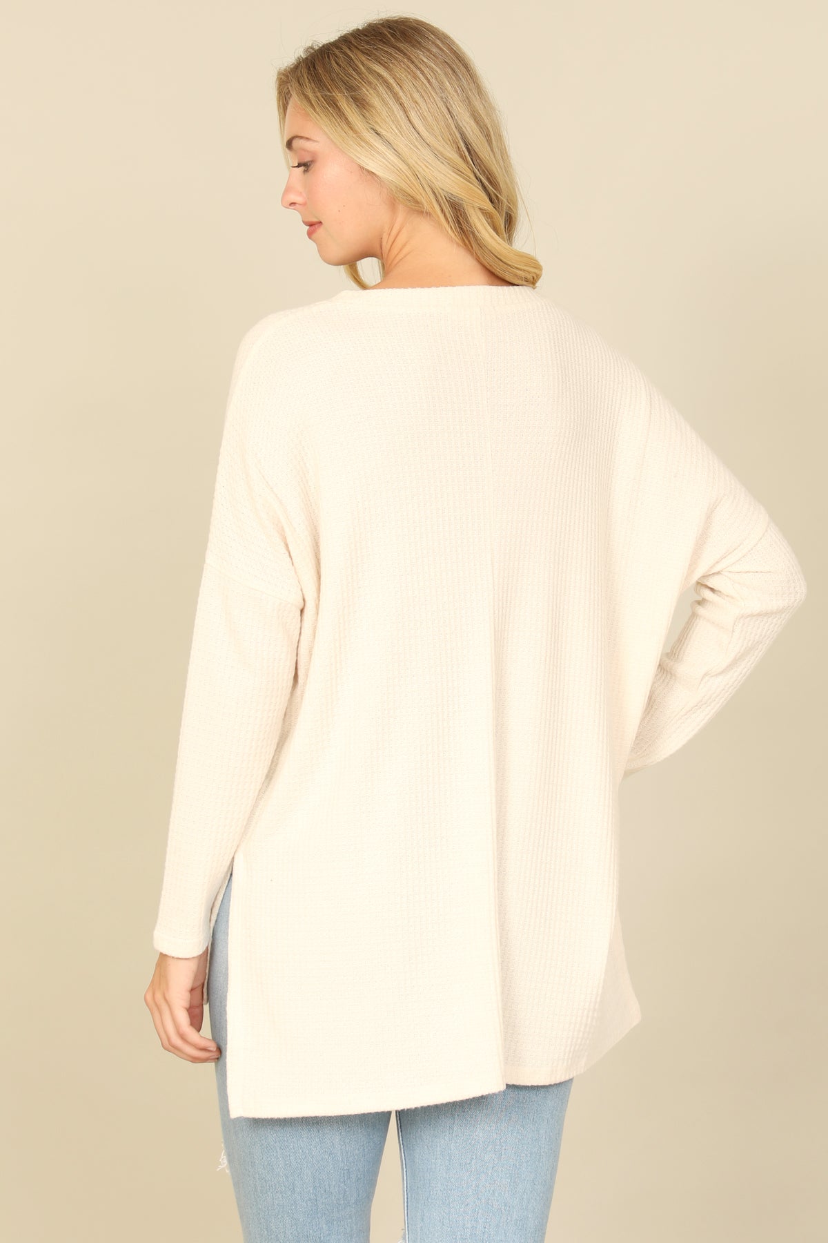 Brushed Waffle V-Neck Long Sleeve Side Slit Top