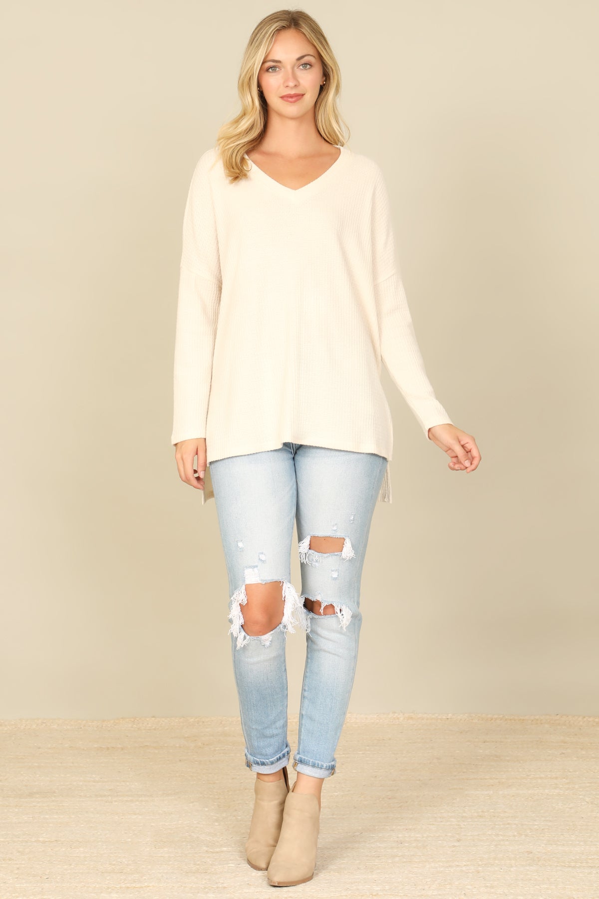 Brushed Waffle V-Neck Long Sleeve Side Slit Top