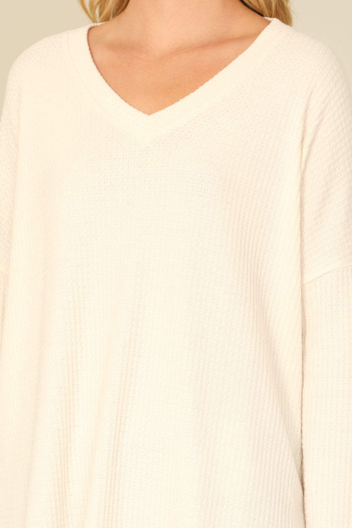 Brushed Waffle V-Neck Long Sleeve Side Slit Top