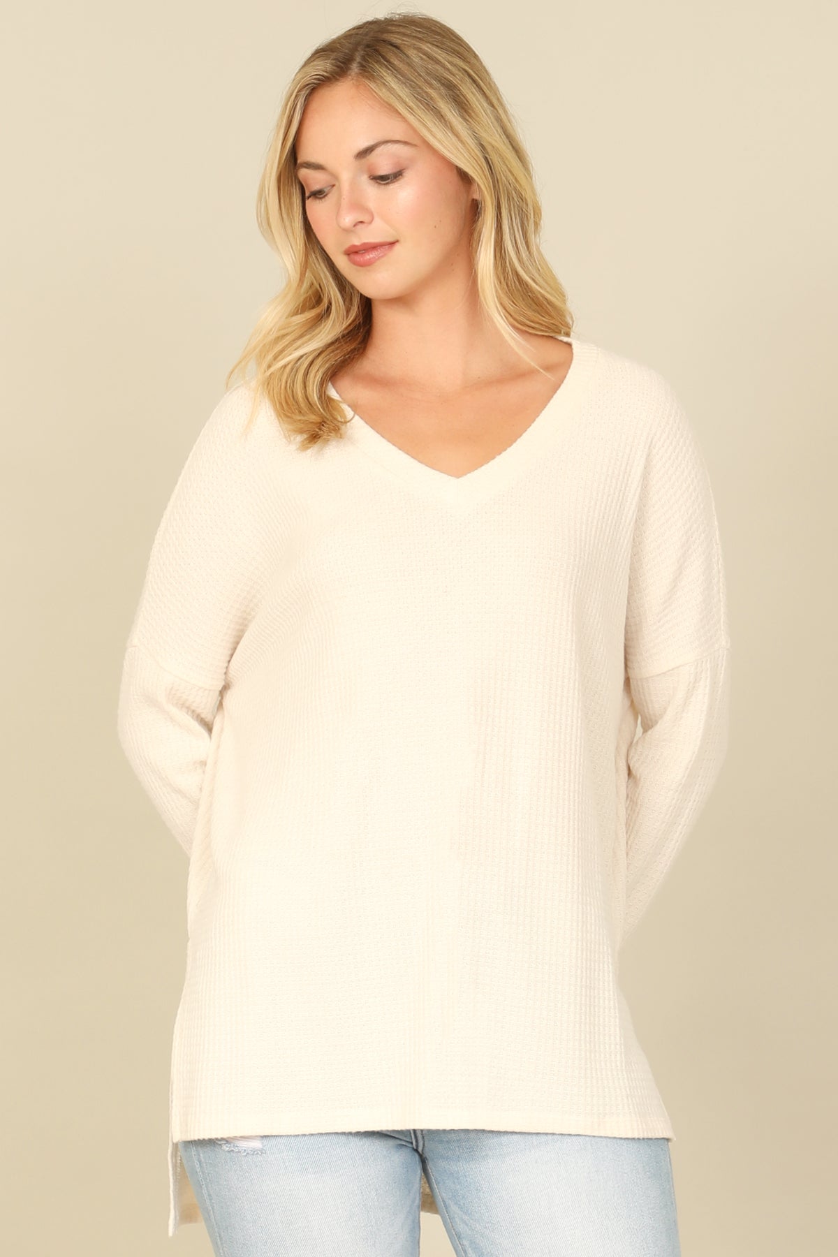 Brushed Waffle V-Neck Long Sleeve Side Slit Top