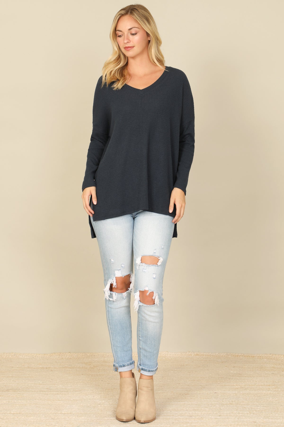 Brushed Waffle V-Neck Long Sleeve Side Slit Top