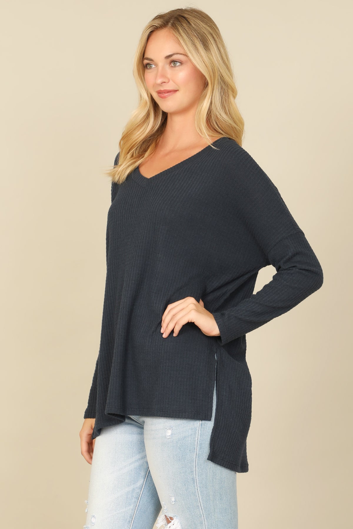 Brushed Waffle V-Neck Long Sleeve Side Slit Top