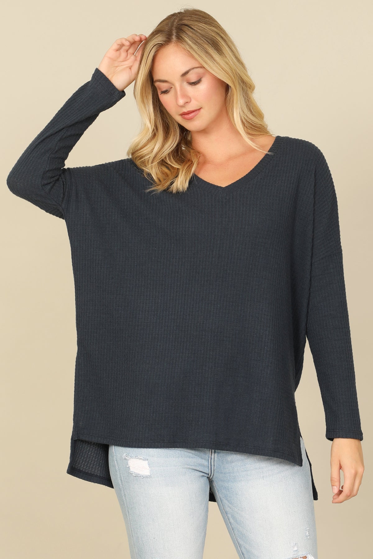 Brushed Waffle V-Neck Long Sleeve Side Slit Top