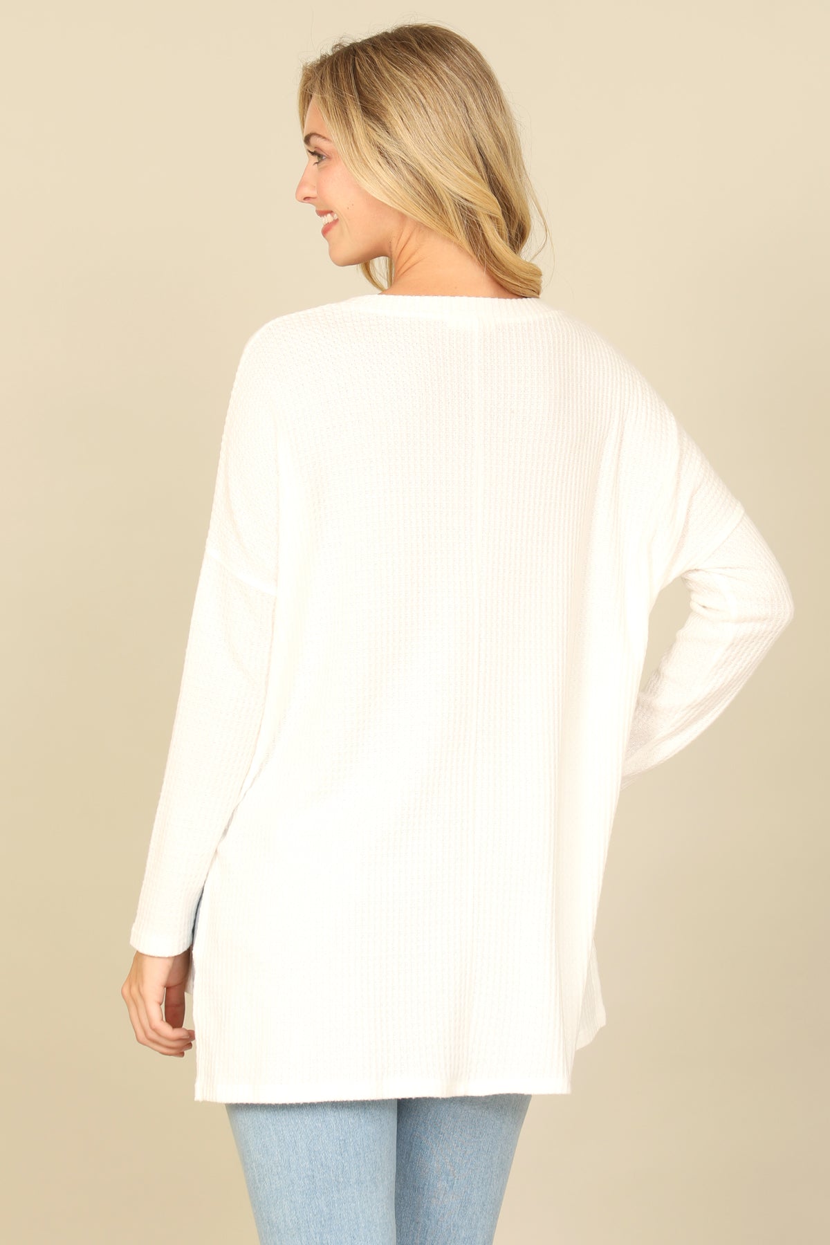 Brushed Waffle V-Neck Long Sleeve Side Slit Top