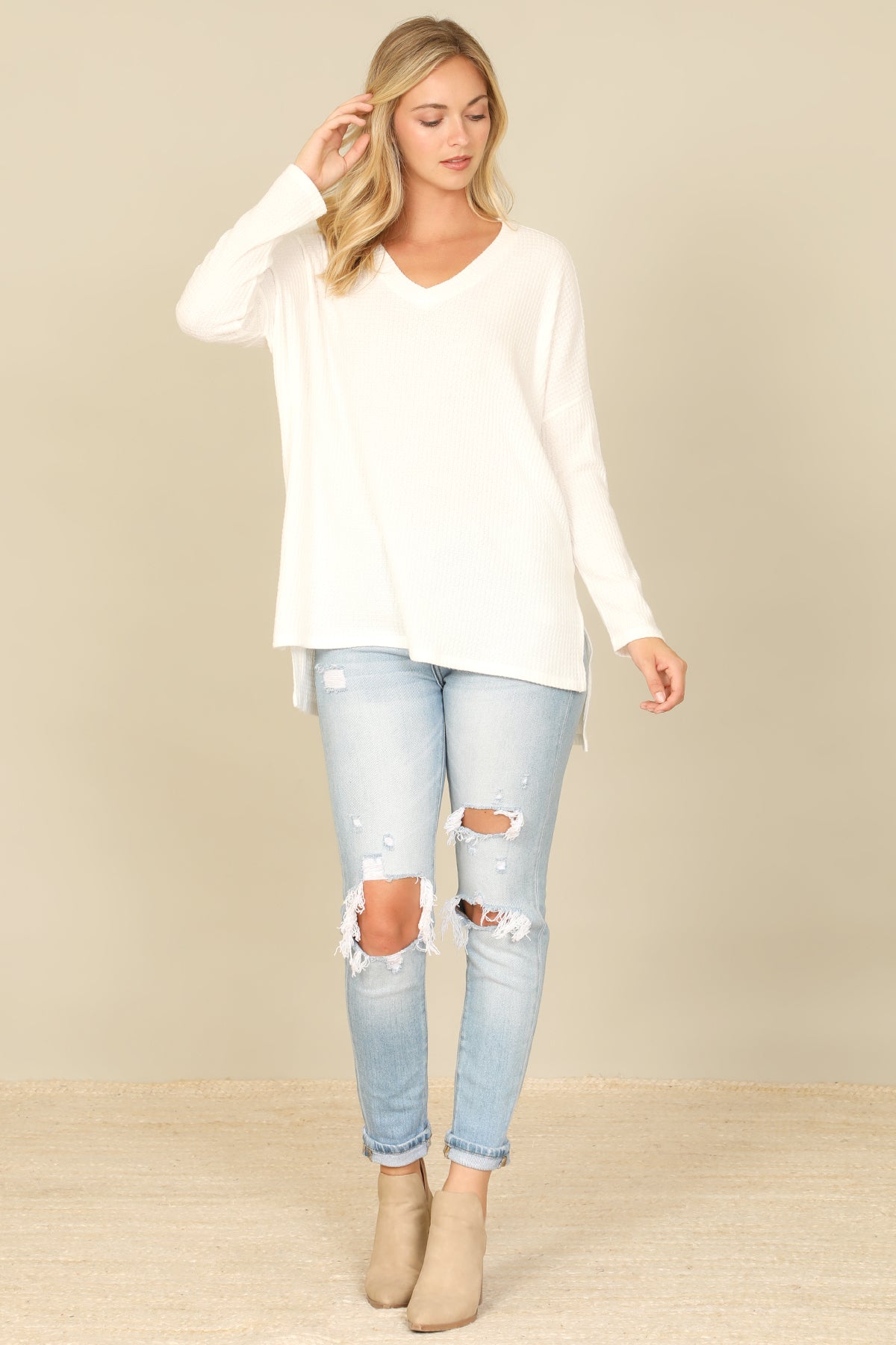 Brushed Waffle V-Neck Long Sleeve Side Slit Top