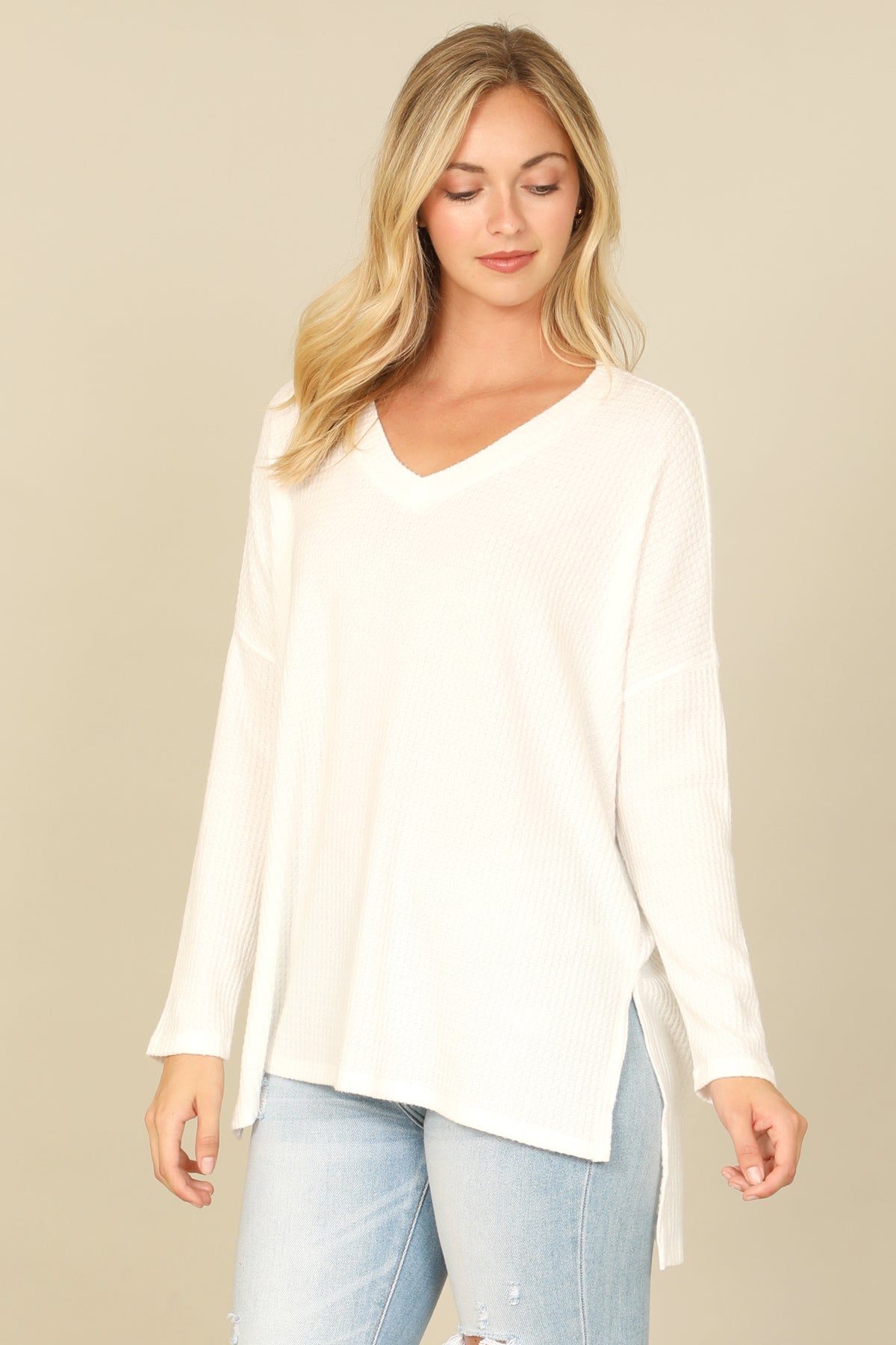 Brushed Waffle V-Neck Long Sleeve Side Slit Top