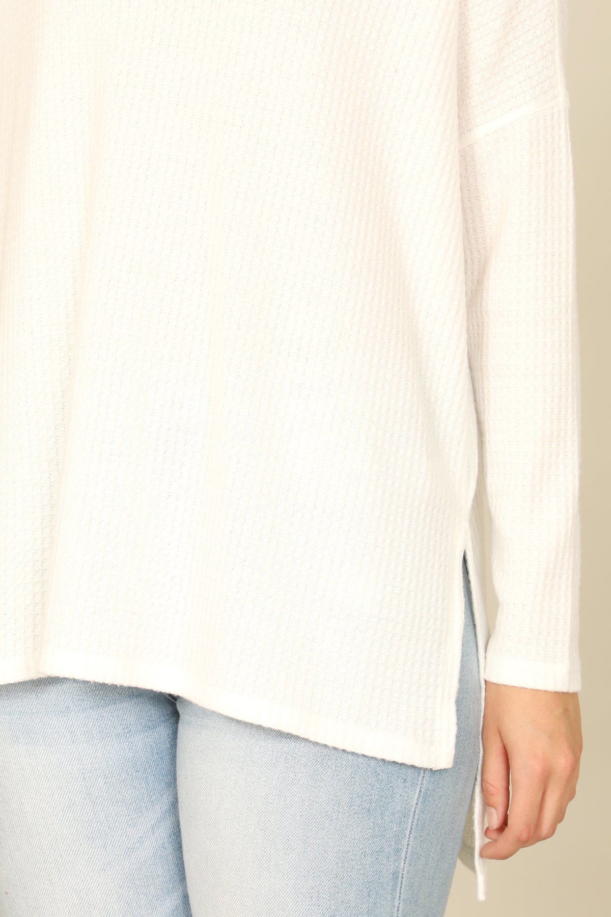 Brushed Waffle V-Neck Long Sleeve Side Slit Top