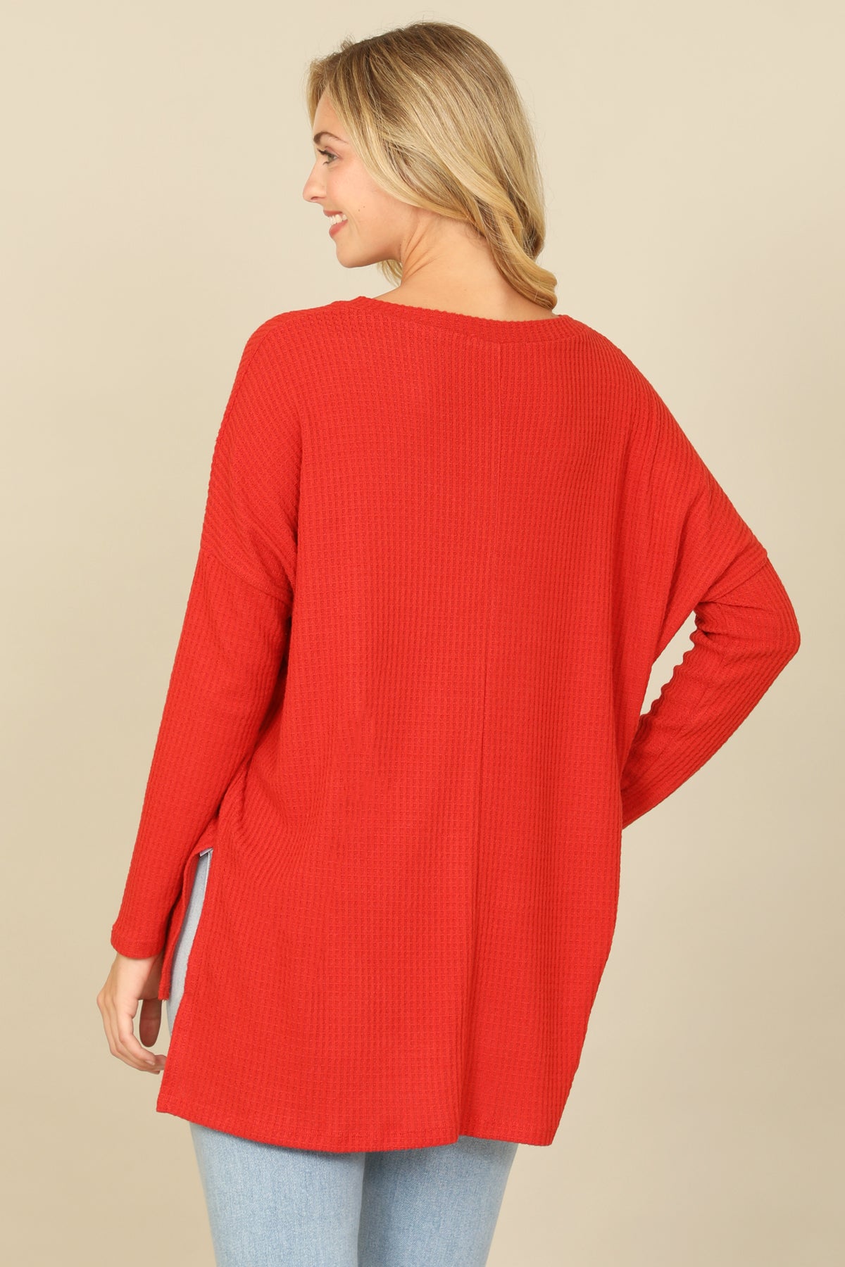 Brushed Waffle V-Neck Long Sleeve Side Slit Top