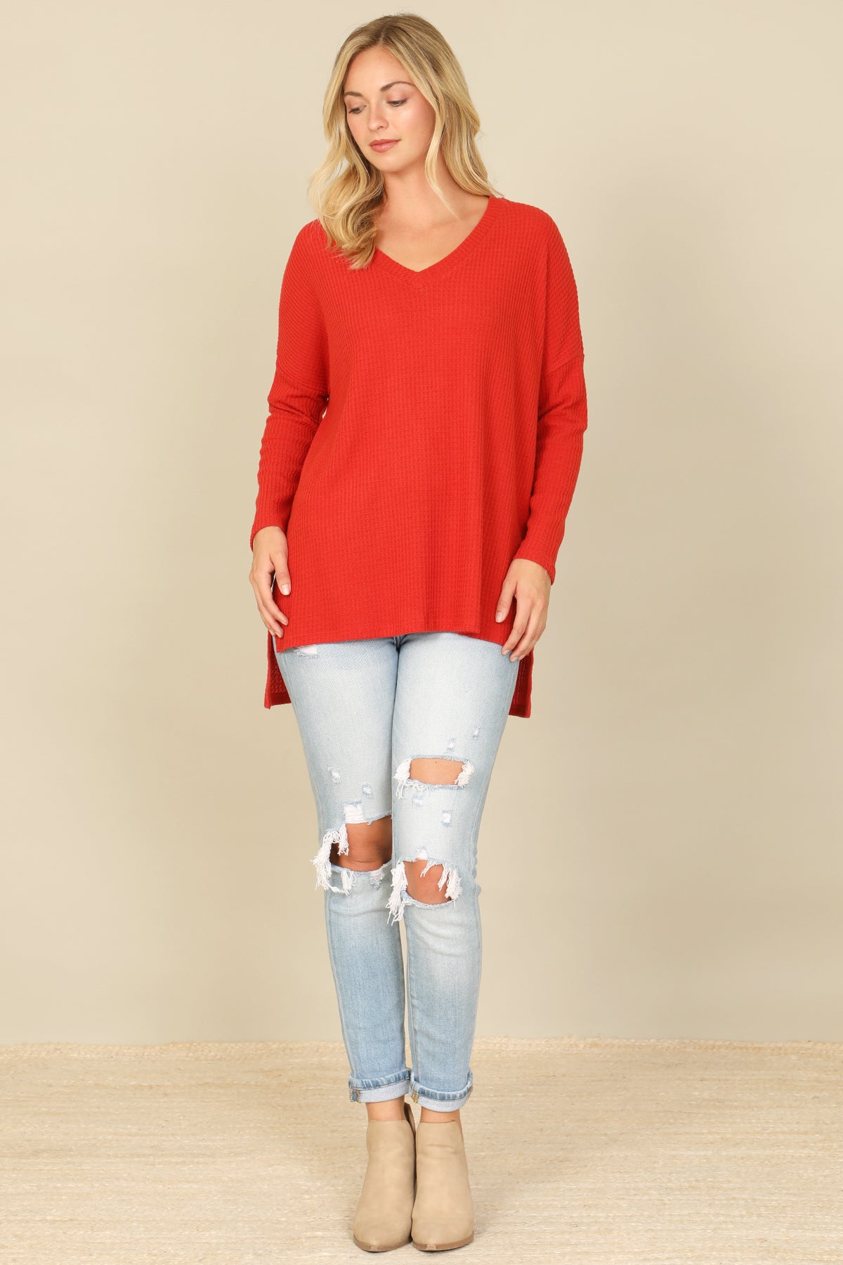 Brushed Waffle V-Neck Long Sleeve Side Slit Top