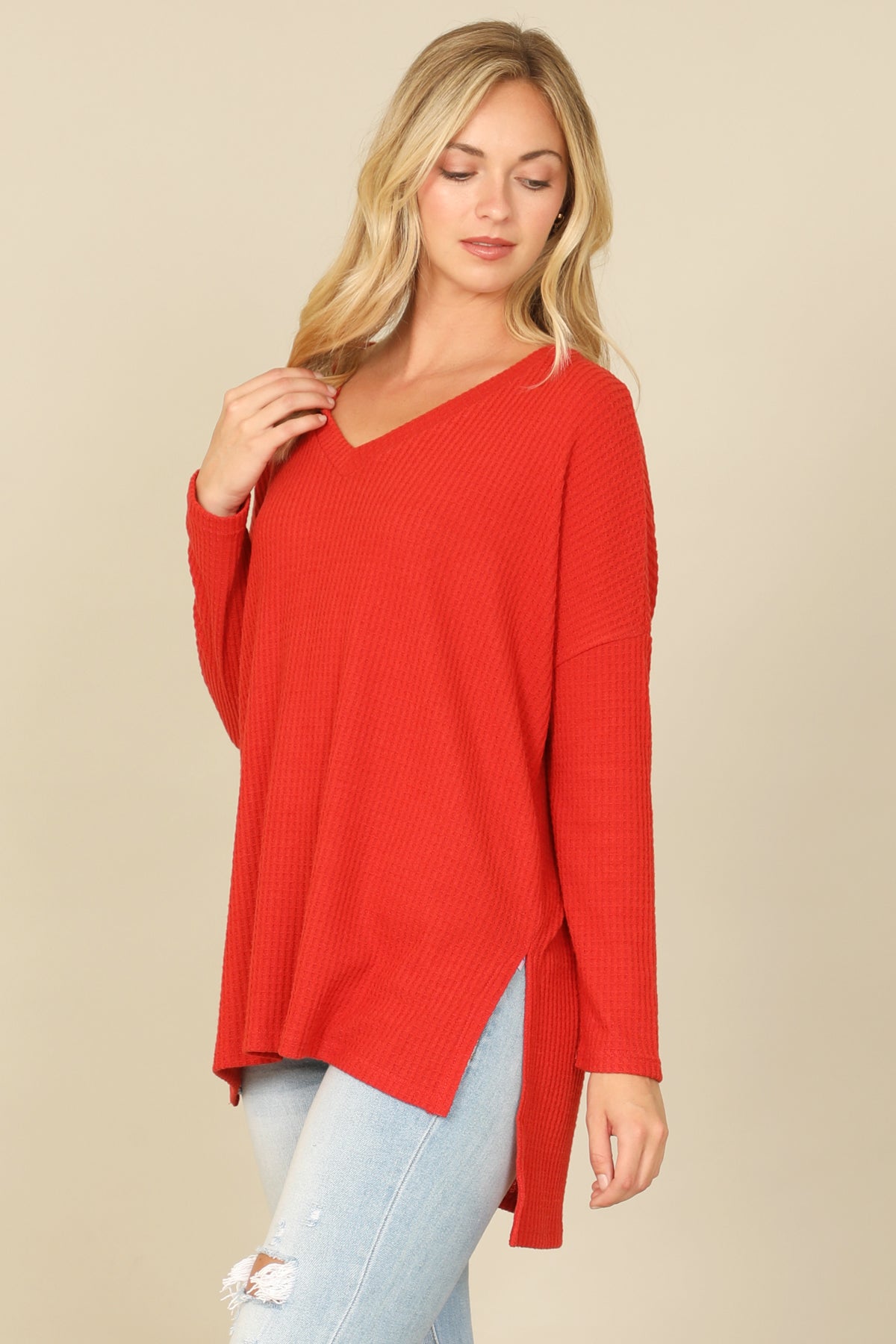 Brushed Waffle V-Neck Long Sleeve Side Slit Top