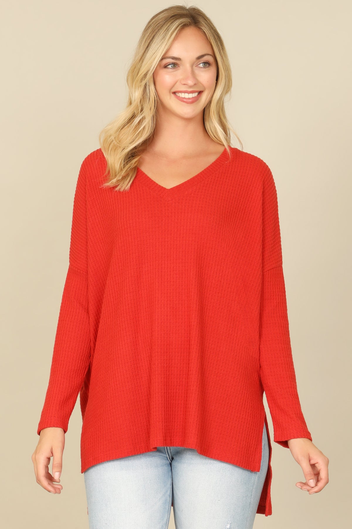 Brushed Waffle V-Neck Long Sleeve Side Slit Top