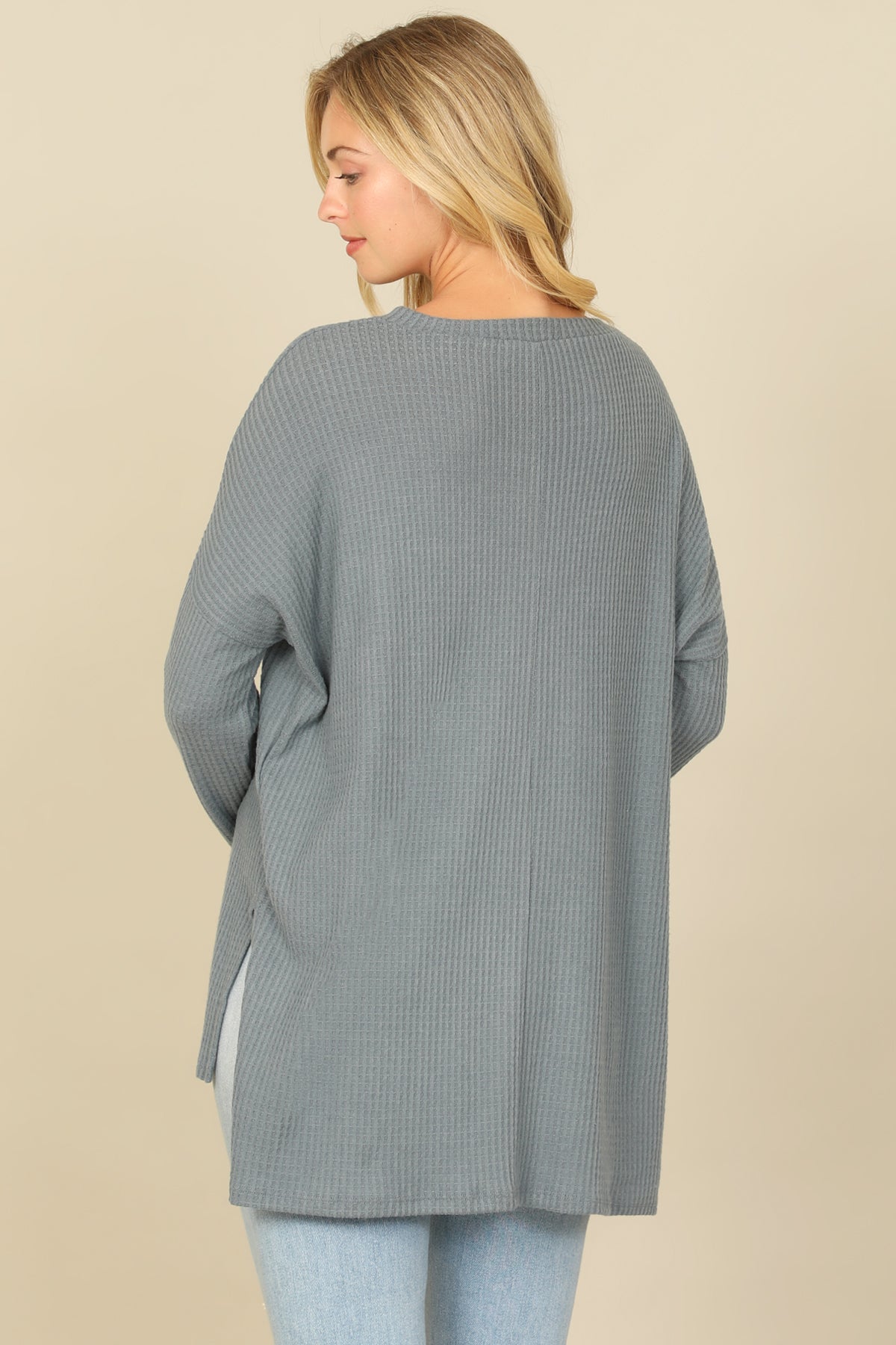 Brushed Waffle V-Neck Long Sleeve Side Slit Top