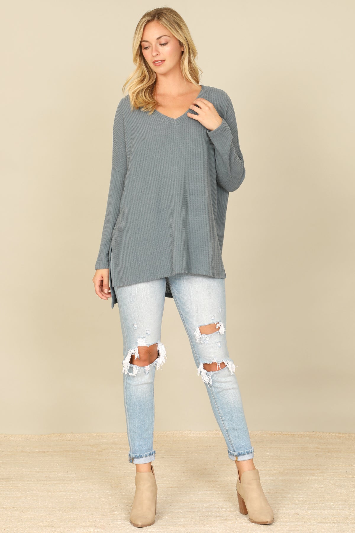 Brushed Waffle V-Neck Long Sleeve Side Slit Top