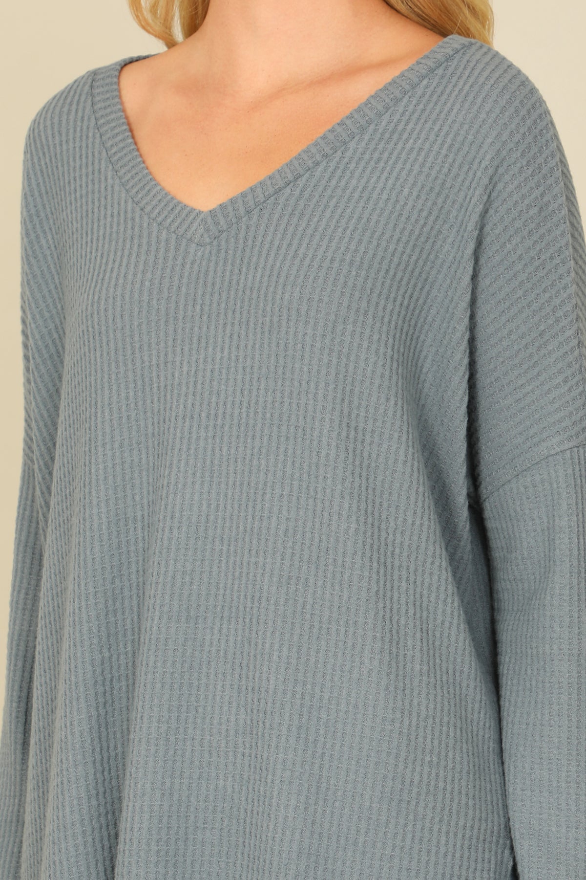 Brushed Waffle V-Neck Long Sleeve Side Slit Top