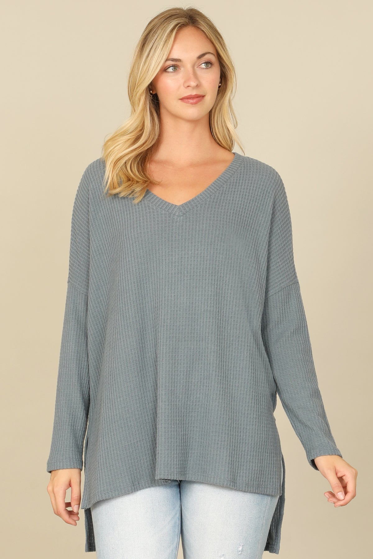 Brushed Waffle V-Neck Long Sleeve Side Slit Top