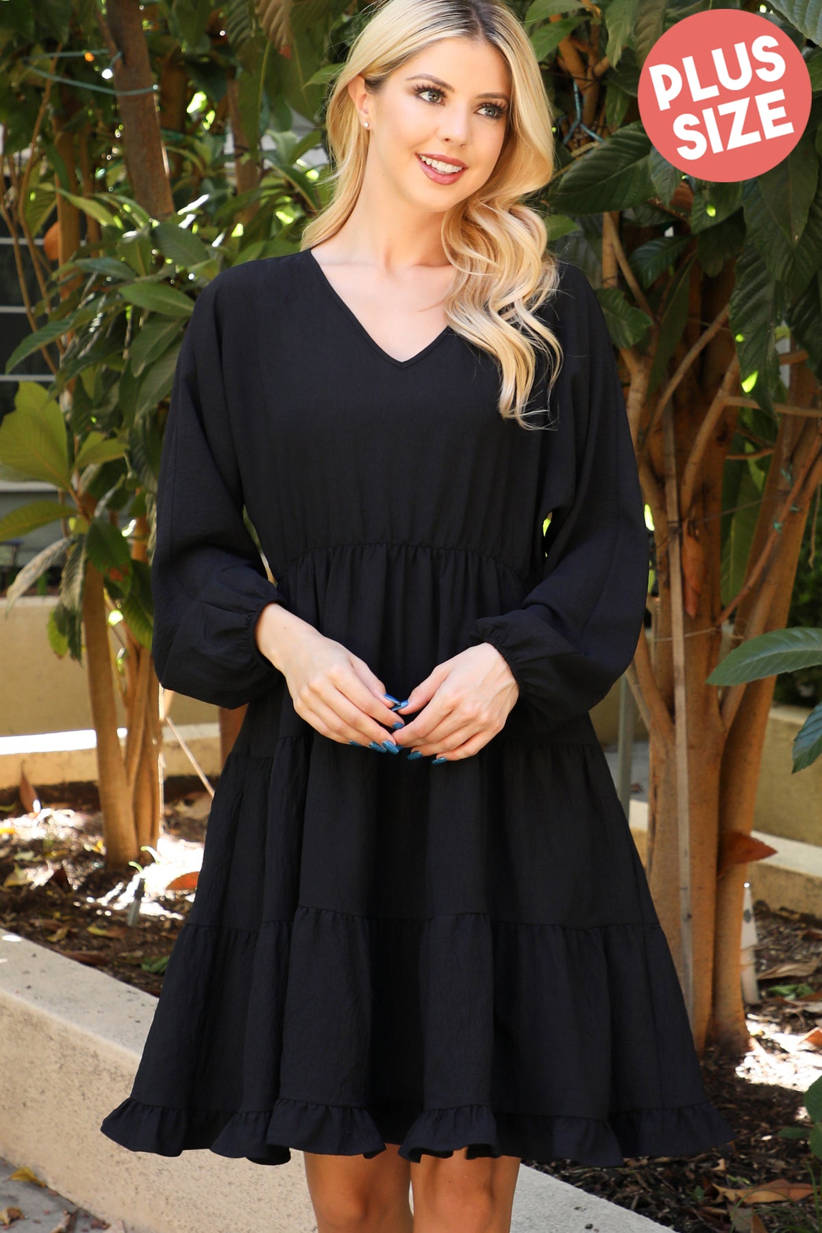 Plus Size Long Sleeve V-Neck Tiered Mini Dress