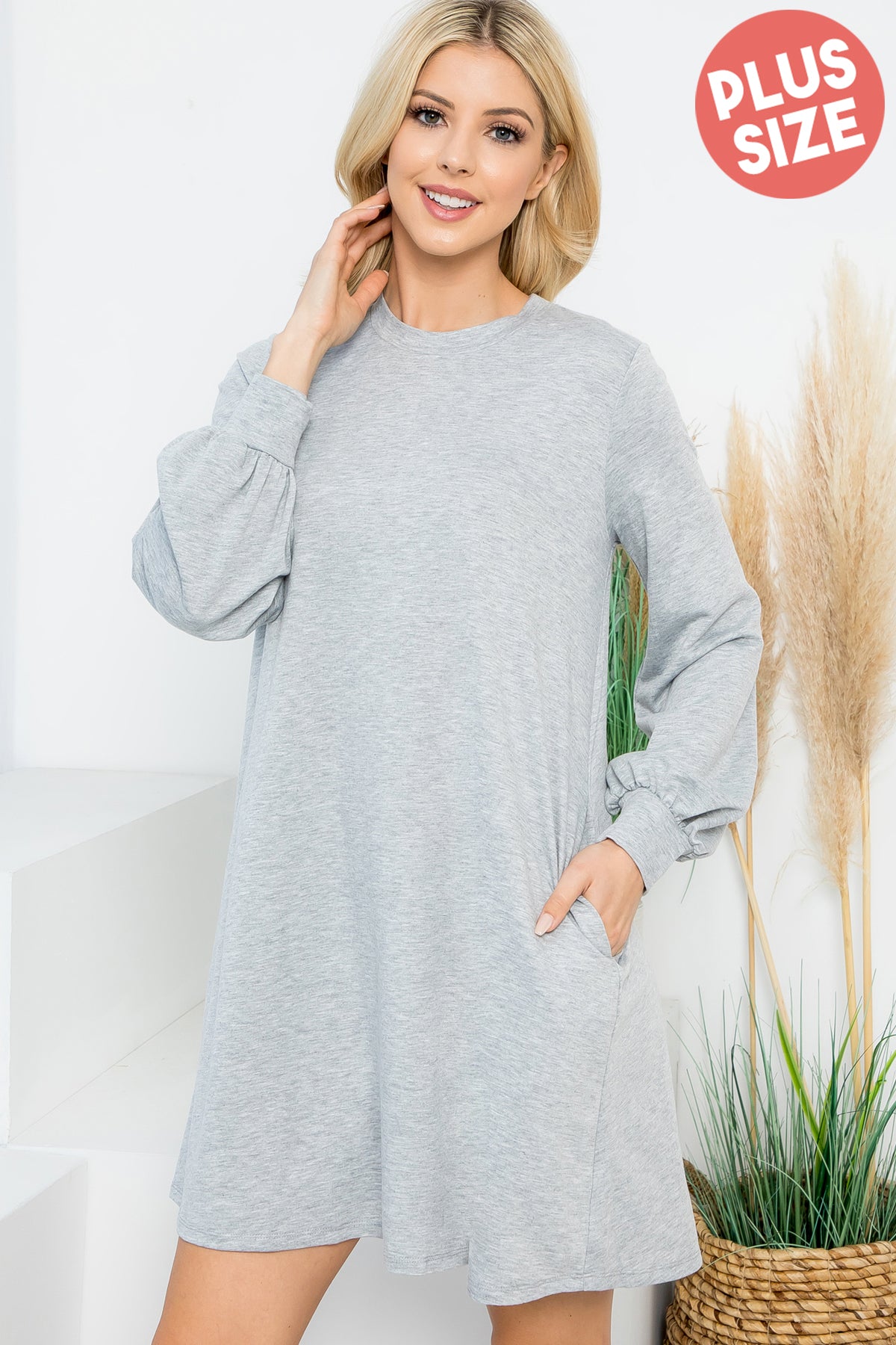 Plus Size Long Sleeve Crew Neck Mini Dress with Pockets